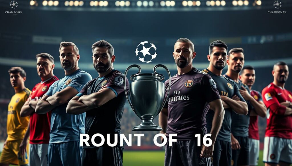 A high-resolution image depicting several iconic football players standing side-by-side, representing the potential opponents in the UEFA Champions League round of 16. The players are shown in a dramatic, cinematic lighting, casting long shadows and emphasizing their powerful physiques. The background is blurred, hinting at a stadium setting, while the foreground is sharply focused on the players' faces, conveying a sense of anticipation and intensity. The overall mood is tense and competitive, mirroring the excitement of the impending knockout stage matchups.