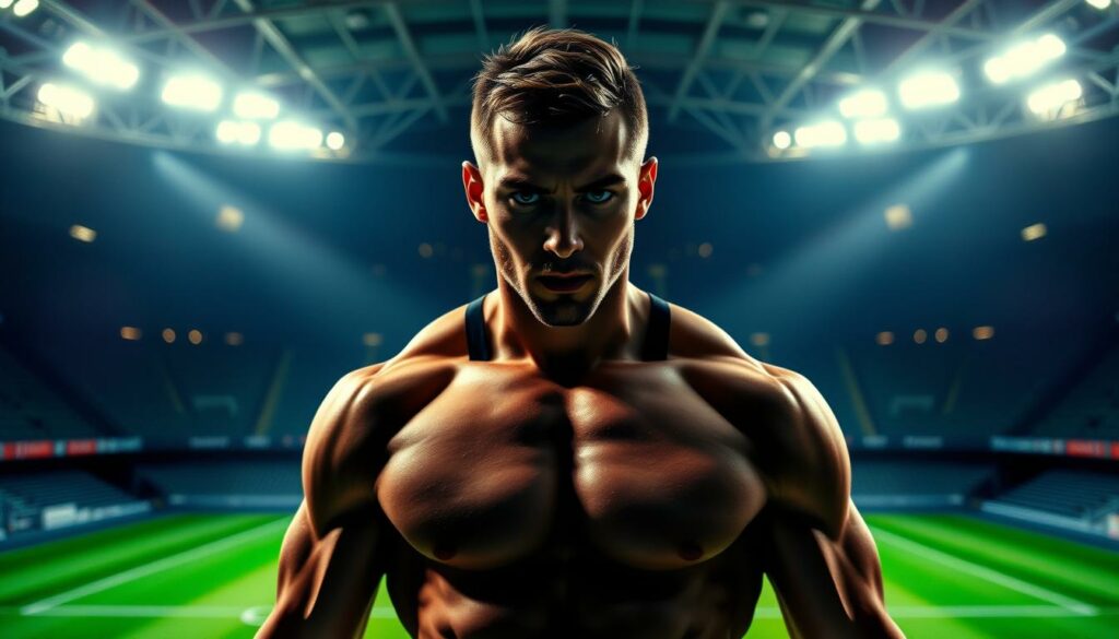 A high-resolution photo of a Bundesliga center-back showcasing their defensive strengths. The player is standing in a well-lit, indoor soccer stadium, their muscular frame and intense gaze conveying power and focus. The background features the iconic green pitch and stadium seating, creating a sense of energy and athleticism. The lighting is dramatic, with shadows accentuating the player's defined features and highlighting their determination. The camera angle is slightly low, emphasizing the player's imposing presence and command of the defensive third. The overall mood is one of strength, athleticism, and the thrill of top-level football.
