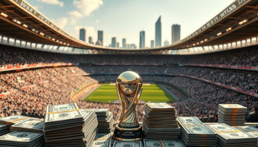A high-resolution, photorealistic image depicting the financial aspects of the FIFA Club World Cup. The foreground shows stacks of money, trophies, and sponsorship logos, symbolizing the lucrative prizes and commercialization of the tournament. The middle ground features a large stadium with a packed audience, capturing the scale and global reach of the event. The background showcases modern skyscrapers and city skylines, hinting at the international prestige and economic implications of hosting the Club World Cup. The lighting is natural and warm, creating a sense of grandeur and excitement. The overall composition conveys the immense financial stakes and commercial interests surrounding this prestigious football competition.