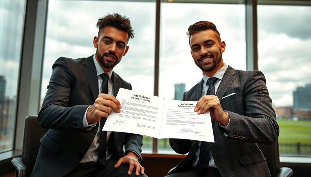 A high-resolution, wide-angle photograph of a football contract being signed by two men in suits, one representing Jobe Bellingham and the other a club official. The scene is set in a modern, well-lit office with a large window overlooking a cityscape in the background. The faces of the men are clearly visible, and their body language conveys a sense of negotiation and agreement. The contract document is prominently displayed, with details like transfer fee and salary terms legible. The overall mood is one of professionalism and finality, capturing the financial aspects of Jobe Bellingham's move into the spotlight.
