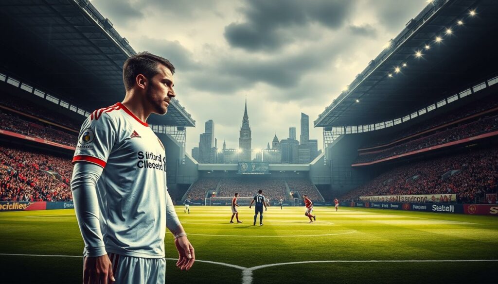 A high-stakes soccer transfer unfolds, its rippling effects captured in a dynamic, cinematic scene. In the foreground, two players - one in the signature colors of 1. FC Köln, the other in the bold red of Liverpool - stand at the center, locked in a tense standoff, their expressions conveying the gravity of the moment. The middle ground reveals a field of play, the lush green pitch contrasting with the looming stadium stands that tower overhead, casting dramatic shadows. In the background, the city skyline stretches out, hinting at the far-reaching implications of this transfer, the buildings rendered in muted tones to emphasize the intense focus on the central figures. Dramatic lighting casts dynamic shadows, heightening the sense of drama and tension, while a shallow depth of field blurs the peripheral details, drawing the viewer's eye directly to the pivotal encounter at the heart of the scene.