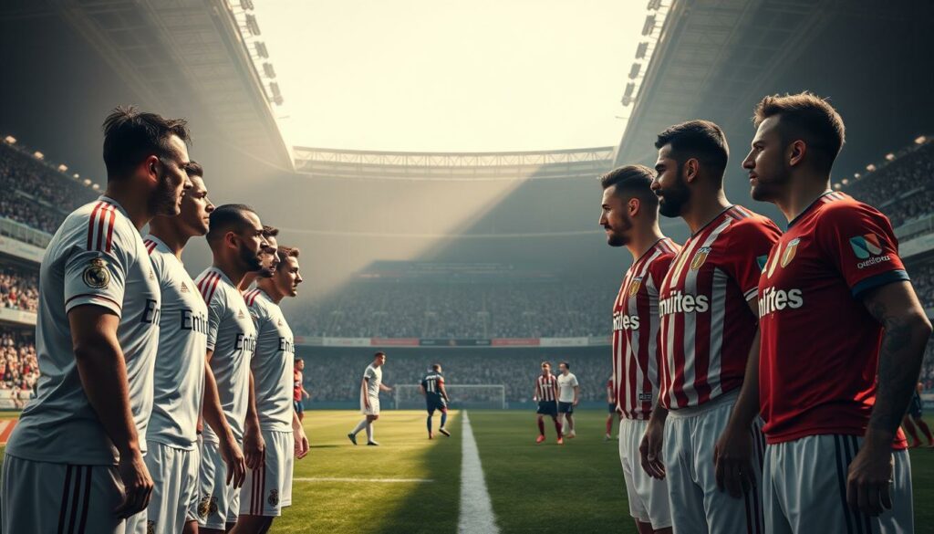 A historical rivalry unfolds on the pitch, a clash of titans in Madrid. In the foreground, two elite football clubs, Real Madrid and Atlético Madrid, stand face-to-face, their players locked in an intense standoff. Tension fills the air as the iconic white and red jerseys contrast sharply. In the middle ground, the stadium's grand architecture sets the stage, its towering stands casting dramatic shadows. The background fades into a hazy, atmospheric skyline, hinting at the rich history and passionate following of these legendary teams. Lighting is dramatic, creating deep shadows and highlights that accentuate the players' expressions and the gravity of the moment. The overall tone is one of historic rivalry, high stakes, and the undying spirit of Madrid's football culture.
