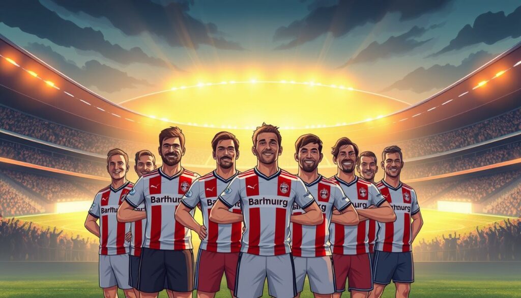 A majestic stadium looms in the background, its grandstands filled with cheering fans. In the foreground, a group of former Hamburg SV players stand proudly, their faces alight with the glow of success. They are the Erfolgsgeschichten, the success stories, who have carved out impressive careers after leaving the club. The lighting is warm and inviting, casting a golden hue over the scene, evoking a sense of triumph and achievement. The players are captured in a dynamic, action-oriented pose, radiating the energy and dynamism that defined their playing days. The overall composition is balanced and visually striking, drawing the viewer's attention to the individual triumphs and the collective legacy of these former Hamburg SV stars.