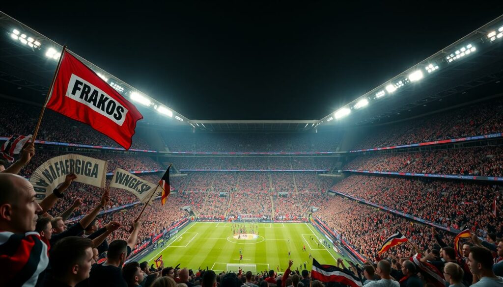 A massive soccer stadium at night, floodlights illuminating a thrilling Bundesliga match. In the stands, hardcore fans from rival Ultra groups wave massive banners, chant in unison, and project an aura of power and dominance. The foreground is filled with close-up details of the fans' intense expressions, facepaint, and elaborate scarves and flags. The middle ground shows the sea of supporters, their numbers and unity signifying their influence over the club. The background depicts the grand, imposing architecture of the stadium, suggesting the scale and importance of the Bundesliga. The overall mood is one of passion, tribalism, and the wielding of collective fan power.