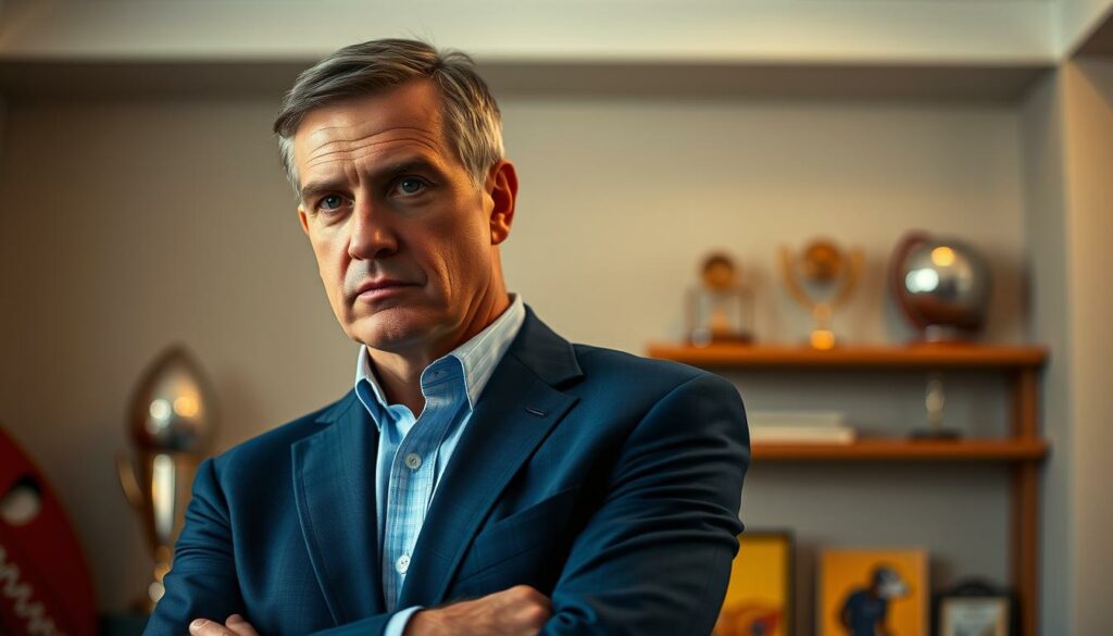 A middle-aged man with a thoughtful expression, standing in a well-lit room with a subtle backdrop of sports equipment and trophies. He wears a crisp, navy blue suit, his gaze fixed intently as he contemplates the next strategic move. The lighting is warm and inviting, casting a soft glow that highlights his determined features. The composition emphasizes his position as a leader, with a sense of authority and control emanating from his posture and demeanor. The overall atmosphere conveys a sense of professionalism, expertise, and a deep commitment to the team's success.