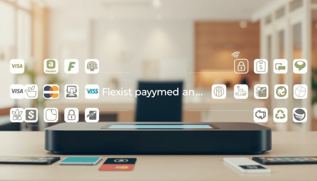 A modern, clean-looking scene showcasing a variety of flexible payment options. In the foreground, display various payment icons and logos, such as credit cards, mobile wallets, and digital payment platforms. In the middle ground, depict a sleek, minimalist device or interface where a user can seamlessly select their preferred payment method. The background should convey a sense of security and trustworthiness, perhaps with subtle digital patterns or a softly blurred office or retail setting. Utilize warm, neutral tones and balanced lighting to create an inviting, user-friendly atmosphere. The overall composition should emphasize the convenience and flexibility of the payment options, aligning with the section title "Bequemes Bezahlen und Kauf ohne Risiko".