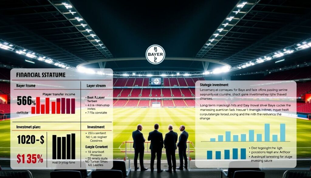 A modern, well-lit soccer stadium with a focus on the Bayer Leverkusen team's financial strategy. In the foreground, a detailed infographic showcases the club's revenue streams, player transfer income, and strategic investment plans. The middle ground features a group of Leverkusen executives in business attire, engaged in a meeting, discussing financial projections and long-term growth opportunities. In the background, the stadium's illuminated exterior is visible, with the iconic Bayer cross logo prominently displayed. The scene conveys a sense of professionalism, financial stability, and a clear strategic vision for the club's future.