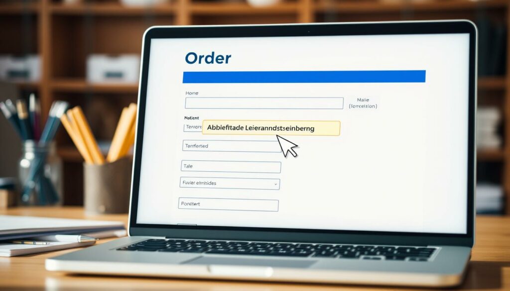 A neatly organized online order form with a focus on the "Abweichende Lieferanschrift eingeben" section. The form is displayed on a laptop screen with a modern, minimalist design. The screen is set against a blurred background of office supplies and a warm, natural lighting to create a cozy, productive atmosphere. The form fields are clearly labeled and the cursor hovers over the "Abweichende Lieferanschrift eingeben" field, emphasizing its importance. The overall composition conveys the ease and simplicity of the ordering process.