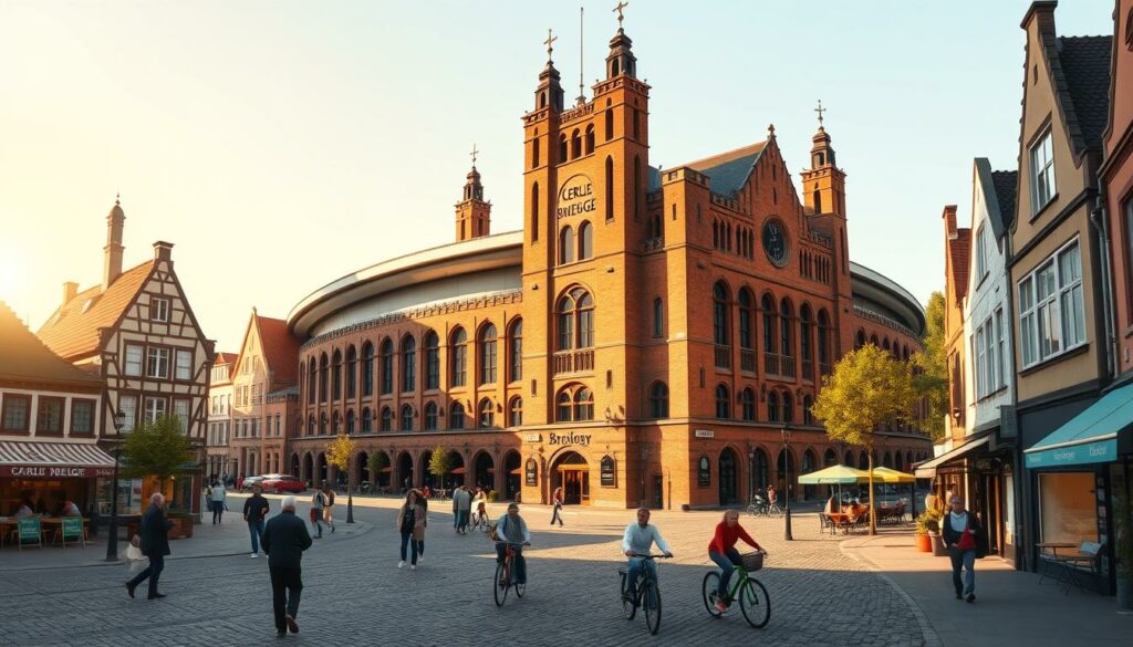 A picturesque town square in Brugge, Belgium, with the iconic Cercle Brügge football stadium as the focal point. The brick and stone architecture of the stadium, with its tall towers and ornate details, stands in contrast to the quaint, historic buildings surrounding it. The cobblestone streets are lined with cafes and shops, their colorful awnings and window displays adding a vibrant touch. Pedestrians and cyclists move through the square, creating a lively, bustling atmosphere. Warm, golden sunlight casts long shadows, and the scene is bathed in a soft, nostalgic glow, evoking a sense of timelessness and tradition. The image conveys the essence of a beloved local landmark and the rich cultural heritage of the city.