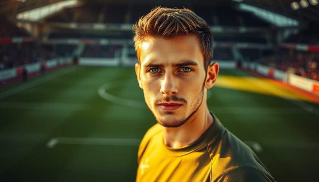 A portrait of Daniel Heuer Fernandes, the goalkeeper for Hamburger SV, set against a background of a football pitch. The foreground depicts Heuer Fernandes in his goalkeeper's uniform, his gaze focused intently on the camera. The middle ground showcases the pitch, with its perfectly manicured grass and crisp, white lines, conveying a sense of professionalism and dedication. The background is blurred, creating a soft, dreamlike quality, with the stadium's stands and spectators visible in the distance. The lighting is warm and natural, casting a golden glow on Heuer Fernandes' face, highlighting his determined expression. The overall mood is one of ambition, passion, and the pursuit of a successful career in professional football.
