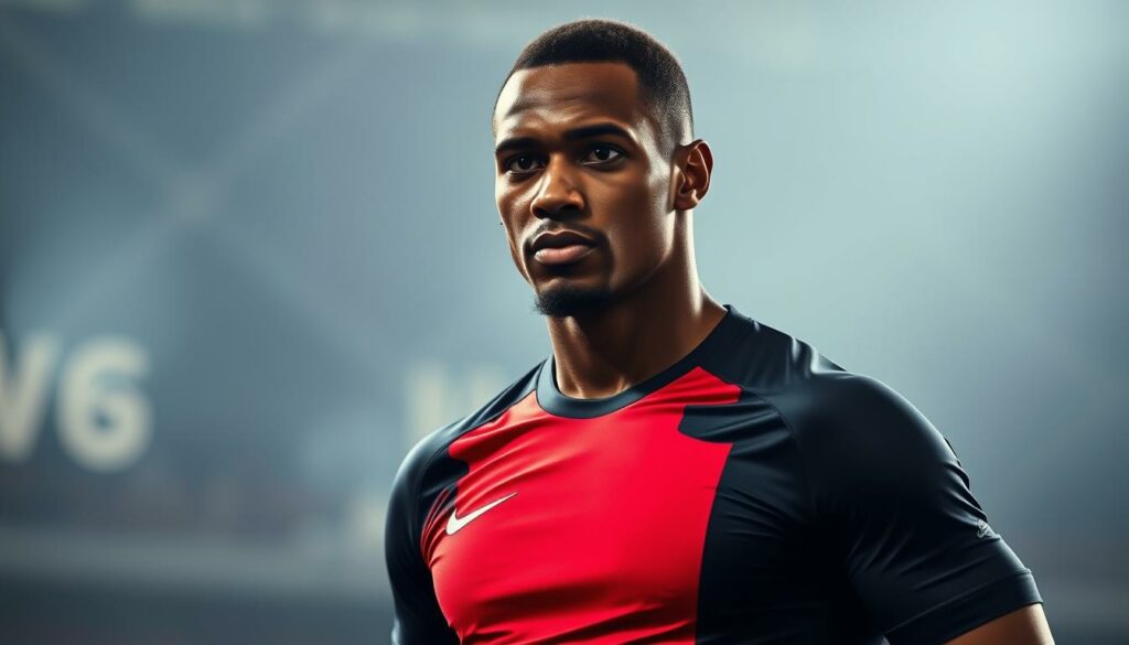 A portrait of a professional football player from Cape Verde, known as a "Flügelspieler" (winger) in the German Bundesliga. The athlete stands in a dynamic, confident pose, wearing a sleek, modern uniform in vibrant colors. His muscular build and determined expression convey a sense of power and skill. The image is captured with a shallow depth of field, keeping the player in sharp focus while the background is softly blurred, creating a sense of drama and intensity. Dramatic lighting illuminates the player's face and highlights the details of his uniform, creating a cinematic, almost heroic atmosphere. The overall composition and style of the image evokes a sense of athletic prowess and the high-stakes world of professional football.