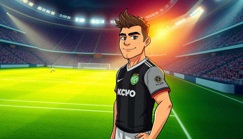 A professional athlete in a soccer uniform, standing confidently on a lush green field. Vibrant stadium lights cast a warm glow, highlighting the player's sculpted physique and intense focus. In the background, a dynamic montage of game action shots, showcasing their impressive skills and achievements. The image conveys a sense of power, determination, and the hard-earned success of an elite HSV professional footballer. Crisp, cinematic lighting and a clean, minimal composition draw the viewer's attention to the subject's athletic prowess and personal narrative.