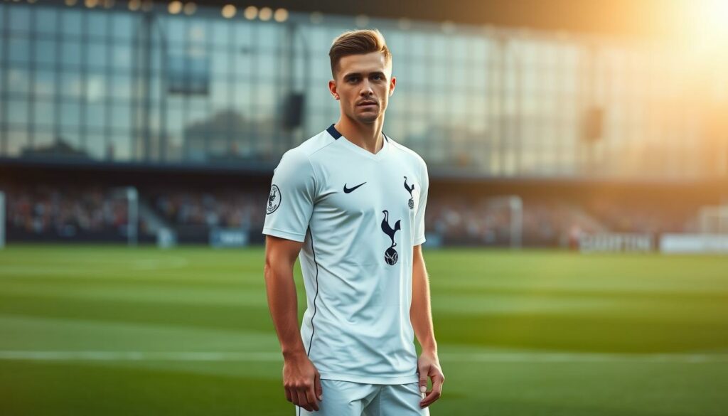 A professional football player in a white and navy blue uniform, standing confidently on a lush green pitch, representing Tottenham Hotspur. The player's expression is determined, conveying a sense of purpose and ambition. The background is blurred, with a modern stadium in the distance, hinting at the grand stage of the Premier League. Sunlight casts a warm glow, adding depth and drama to the scene. The image evokes the inevitability of the player's transfer to Tottenham Hotspur, a move that will shape the future of the club and the player's career.
