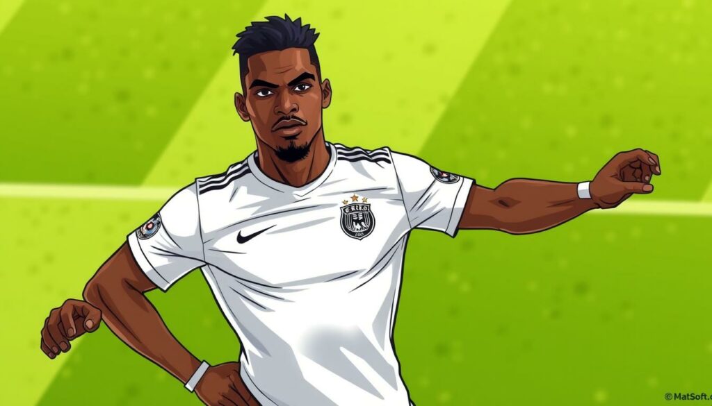 A professional footballer in a dynamic soccer pose, Jordan Torunarigha, the talented German defender, standing tall and confident on the pitch. Dressed in a crisp, white jersey, his muscular frame and determined expression exude an aura of power and skill. The lighting casts dramatic shadows, highlighting the athlete's chiseled features and emphasizing his focus. The background is a blurred, verdant field, placing the subject in the center of attention. The camera angle is slightly elevated, lending a sense of authority and command to the scene. This image captures the essence of Torunarigha's journey from a promising Hertha Berlin prospect to a respected Bundesliga and international player.