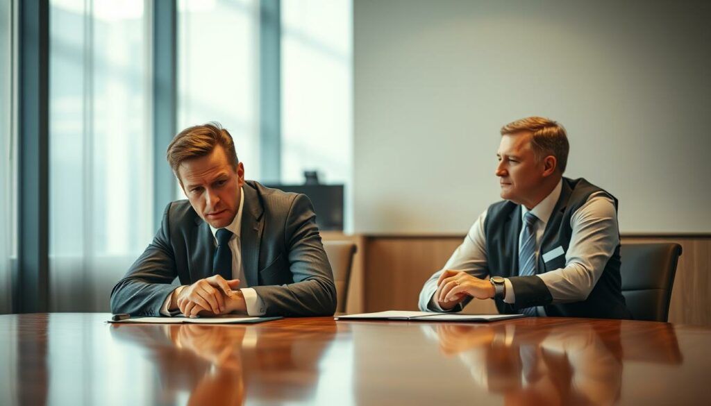 A professional-looking boardroom setting, with two figures seated at a polished wooden table engaged in a serious discussion. In the foreground, a focused Nick Woltemade in a tailored suit, leaning forward intently. Across from him, an executive from Bayern Munich in a crisp shirt and tie, their body language conveying a sense of negotiation and agreement. Diffused natural light streams in through tall windows, casting a warm glow and creating subtle shadows that accentuate the gravity of the moment. The background is blurred, keeping the viewer's attention on the two key figures and the pivotal meeting at hand.