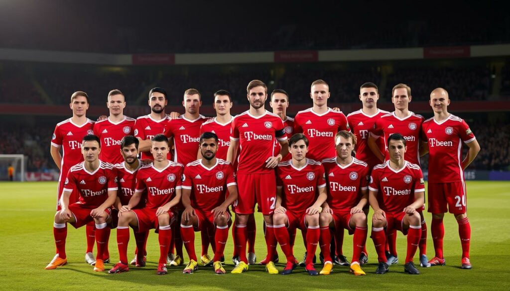 A professional photo of the Bayern Munich football team posing together on the pitch, with players wearing their iconic red and white uniforms. The squad is arranged in a formal group shot, with the team's captain, Harry Kane, standing prominently in the center, his leadership and skill radiating through the image. The lighting is warm and flattering, capturing the camaraderie and determination of the players. The background is blurred, allowing the team to be the focal point, conveying a sense of unity and purpose as they prepare for the upcoming season.