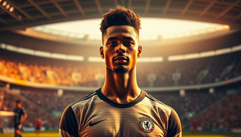 A professional portrait of German footballer Jordan Torunarigha set against a blurred stadium background. Torunarigha stands in the foreground, wearing his soccer uniform and cleats, his gaze direct and determined. Warm, golden lighting illuminates his features, casting dramatic shadows and highlights. The middle ground shows the outlines of spectators in the stands, creating a sense of energy and anticipation. In the background, the stadium architecture recedes into soft focus, suggesting the grand scale of his sporting career. The overall composition conveys Torunarigha's athletic prowess, focus, and the significant stages of his career journey.