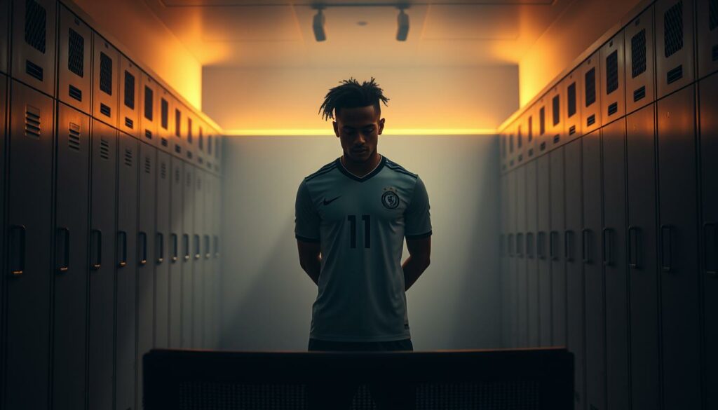 A professional soccer player, Leroy Sané, stands at the center of a dimly lit locker room, his expression contemplative as he gazes at his team jersey. The room is sparsely furnished, with lockers lining the walls and a bench in the foreground. Soft, warm lighting casts dramatic shadows, creating a sense of anticipation and uncertainty. The atmosphere is one of introspection, as Sané contemplates his future and the potential impact on his participation in the upcoming Club World Cup. The image conveys the tension and emotion surrounding the player's contract situation and its implications for his involvement in the prestigious international tournament.