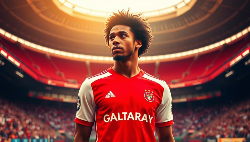 A professional soccer player, Leroy Sané, stands confidently in the center of the frame, his Galatasaray jersey vibrant against a backdrop of the iconic Galatasaray stadium. Warm, golden lighting casts a soft glow, highlighting his determined expression as he gazes off-camera, conveying a sense of purpose and excitement for his new chapter. The foreground is in sharp focus, while the stadium's grandstands and fans in the background are slightly blurred, creating depth and emphasizing the player as the central figure. The overall mood is one of anticipation and optimism, capturing the essence of Sané's decision to join the Turkish club.