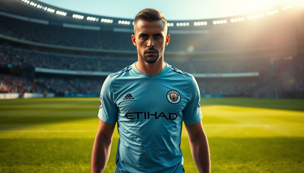 A professional soccer player in a Manchester City jersey stands in the central midfield, their focus and determination evident in their intense gaze. The field around them is meticulously manicured, with the vibrant green grass contrasting sharply against the crisp white lines. The stadium's grandstands loom in the background, hinting at the electric atmosphere of a match day. Soft, directional lighting illuminates the player's features, casting dramatic shadows and highlights that accentuate their athleticism and skill. The overall scene conveys the power, precision, and dynamism of Manchester City's central midfield play.