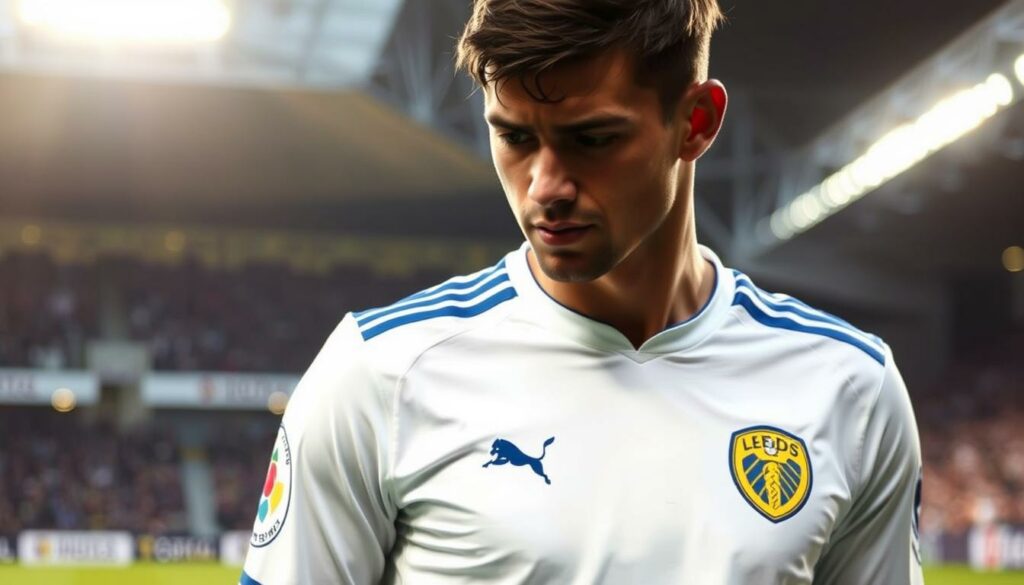 A professional soccer player in a white and blue jersey, standing on a well-manicured pitch with the Leeds United crest prominently displayed. The player's face is partially obscured, emphasizing his focus and determination. The lighting is soft and diffused, creating a sense of warmth and drama. The background is blurred, with the stadium stands and crowd faintly visible, suggesting the high-stakes atmosphere of a match. The overall composition conveys the player's experience and career journey, capturing the essence of "Leihgeschäfte und Auslandserfahrung" (Loan deals and international experience).