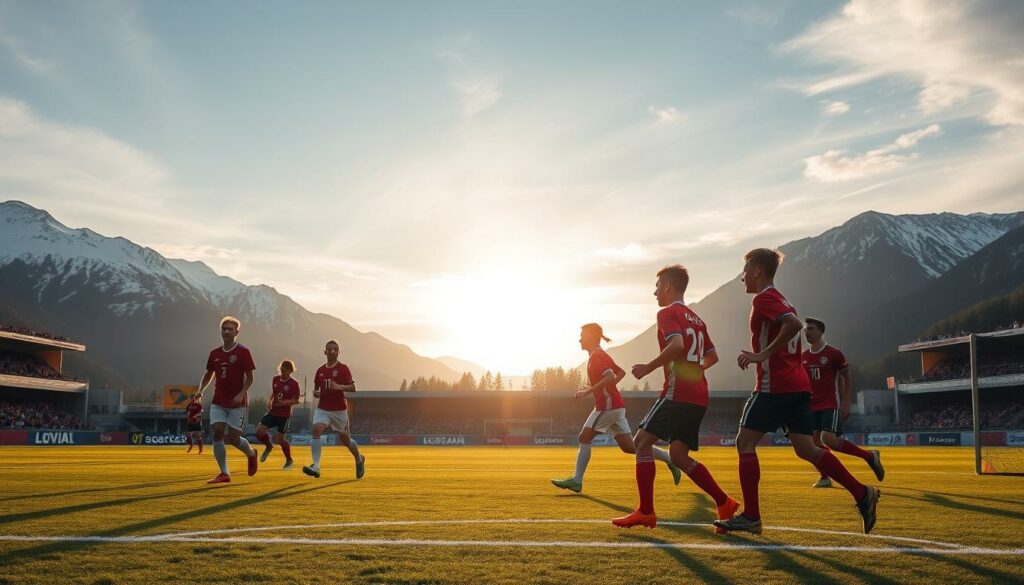 A scenic view of a soccer stadium in Norway, illuminated by golden afternoon sunlight. In the foreground, a group of young, talented soccer players wearing the national team's colors are shown in dynamic action, showcasing their skills and determination. The middle ground features the field, with intricate details of the grass, lines, and goal posts. In the background, the majestic Norwegian landscape unfolds, with snow-capped mountains and a serene sky. The overall atmosphere is one of excitement, national pride, and the promise of a bright future for the up-and-coming generation of Norwegian soccer stars.