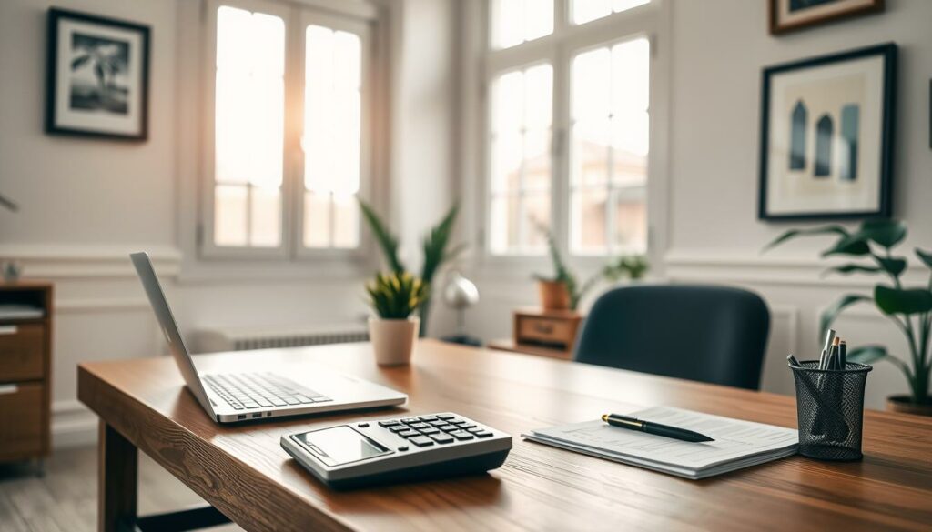 A serene home office with a wooden desk, a laptop, and a potted plant. Soft, natural lighting streams in through large windows, casting a warm glow. On the desk, a calculator, a stack of financial documents, and a pen rest, symbolizing the careful financial planning taking place. The walls are adorned with framed art pieces, adding a touch of personal style. The overall atmosphere is one of focus, organization, and a sense of preparedness for the upcoming period of recovery.