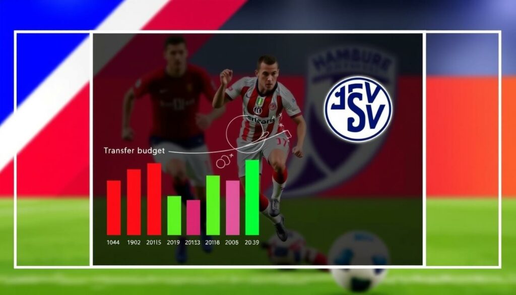 A sleek, modern-looking image depicting the financial budget and transfer activities of Hamburger SV (HSV), a prominent German football club. The frame is divided into three distinct sections: the foreground showcases a graphical representation of the club's transfer budget, with bold, vibrant colors and clean, minimalist design elements; the middle ground features a dynamic, action-oriented illustration of players in motion, hinting at the competitive nature of the transfer market; the background subtly blends the club's official colors and logo, providing a cohesive visual identity. The overall composition conveys a sense of professionalism, strategic planning, and the high-stakes world of football transfers.