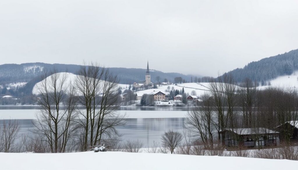 A snow-covered landscape in the heart of Germany, where the Bundesliga takes a well-deserved break. A serene, frozen lake reflects the serene, overcast sky, while bare trees stand tall against the muted, winter palette. In the distance, a small village nestled between rolling hills, its quaint houses and church steeple peeking through the powdery white. The scene exudes a sense of tranquility and anticipation, as the football world awaits the return of the league in the new year. Warm lighting emanates from cozy homes, hinting at the comforts of the Winterpause, before the roar of the crowds signals the start of the 2025/26 season.