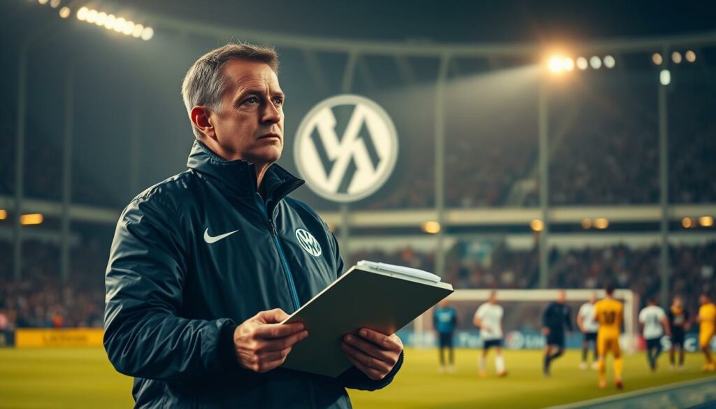 A soccer coach stands on the sideline, clipboard in hand, intently observing the players on the field. The stadium is bathed in a warm, golden light, creating a sense of focus and determination. In the background, the VfL Wolfsburg logo stands prominently, representing the team's rich history and tradition. The coach's face is illuminated, his expression serious yet thoughtful, as he contemplates his next tactical move. The image conveys a sense of strategic planning, attention to detail, and a deep commitment to the team's performance and success. The overall atmosphere is one of focused intensity, reflecting the coach's coaching philosophy and approach to the game.
