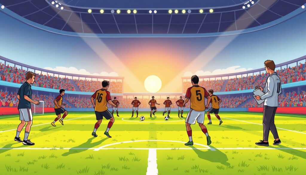 A soccer field with lush green grass, surrounded by a stadium with cheering fans. In the center, a group of players in uniform practice passing and positioning, guided by a coach with a clipboard. The sun casts a warm glow, and the atmosphere is one of focused determination. The players move in a cohesive 3-5-2 formation, their movements precise and coordinated. The coach observes intently, offering instructions and feedback. The image captures the essence of tactical training, as the team hones their skills to implement the 3-5-2 strategy on the pitch.