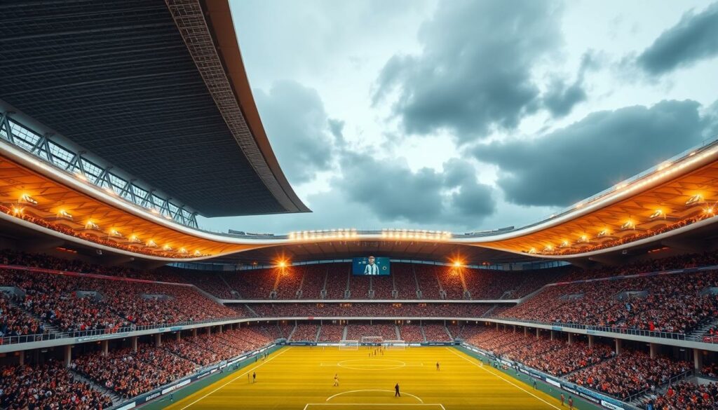 A sprawling, ultramodern soccer stadium set against a backdrop of sleek, contemporary architecture. The structure features sweeping curves, gleaming glass facades, and a retractable roof that allows natural light to flood the interior. Fans fill the tiered seating, their excitement palpable as they watch the action on the pitch below. Towering floodlights cast a warm, golden glow, illuminating the scene with a sense of anticipation and possibility. The stadium's design seamlessly blends form and function, creating an immersive experience that showcases the club's commitment to innovation and the future of the sport.