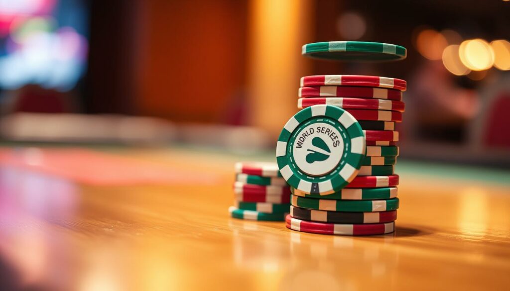 A stack of World Series of Poker main event tournament chips, resting on a polished wooden table. The chips are arranged in a neat, orderly fashion, with the bright green, red, and white colors creating a visually striking contrast. The lighting is soft and warm, casting a subtle glow on the chips and the table surface. The image has a depth of field that keeps the chips in focus while the background is pleasantly blurred, creating a sense of depth and emphasis on the main subject. The overall mood is one of prestige, success, and the thrill of high-stakes poker competition.