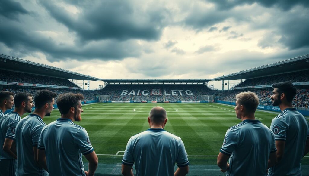 A strategic midfield overview of Hamburger SV, the iconic German football club. In the foreground, players in white and blue jerseys strategize, their expressions focused as they discuss tactics. In the middle ground, the meticulously manicured pitch stretches out, flanked by the towering stands of the club's storied stadium. The background is a moody, dramatic sky, hinting at the high stakes and passionate atmosphere of the match to come. The lighting is cinematic, casting dramatic shadows and highlights that accentuate the players' intensity and determination. The camera angle is slightly elevated, giving a broad, panoramic view of the scene, capturing the scope and grandeur of the team's tactical approach.
