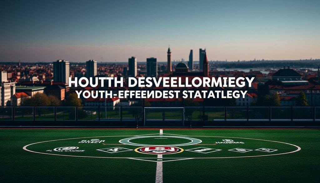 A striking high-resolution image of the HSV youth development strategy, captured with a professional-grade camera. The foreground features a dynamic visual representation, showcasing the core elements and initiatives of the strategy. The middle ground highlights the integration of various youth academy programs, emphasizing the holistic approach. In the background, a vibrant cityscape of Hamburg serves as the backdrop, reflecting the local context and the club's deep-rooted connection to the city. The lighting is crisp and directional, casting subtle shadows that add depth and dimension to the scene. The overall composition and color palette convey a sense of ambition, innovation, and a clear vision for the future of the club's young talents.