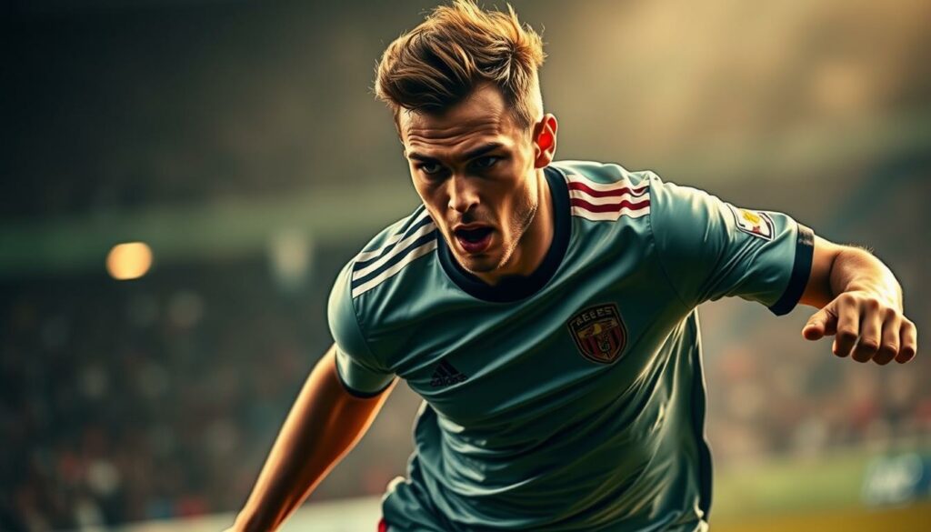 A striking portrait of a talented soccer striker, "Marktwert Stürmer," in a dynamic, action-packed pose. Capture the player's power, speed, and technical prowess as he surges forward, eyes narrowed with determination. Depict him in crisp, high-resolution detail, his jersey rippling in the wind, muscles tensed, ready to pounce. Highlight the player's athleticism and skill, set against a blurred, atmospheric background that conveys the intensity and excitement of the game. Use warm, vibrant lighting to create a sense of energy and vitality, and consider a dramatic, low-angle perspective to emphasize the player's dominance and physical presence on the field. The resulting image should showcase the "Marktwert Stürmer" as a sought-after, highly valuable asset, reflecting the article's focus on the player's desirability and the competition for his services.