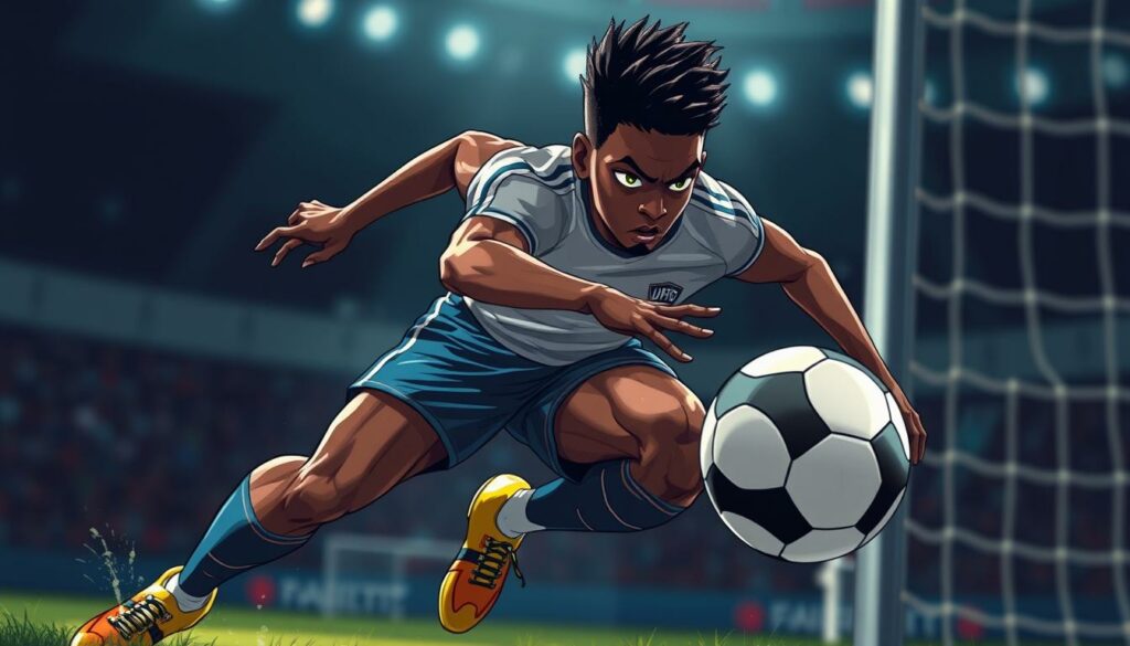 A striking portrait of the young, dynamic striker Kofane in action, showcasing his powerful physique and skilled technical abilities. The scene depicts Kofane in mid-stride, his muscular legs driving him forward with purpose and determination. Caught in a moment of intense focus, his intense gaze is fixed on the ball, his expression exuding confidence and determination. The lighting is dramatic, with sharp shadows and highlights accentuating the definition of his athletic form. The background is blurred, placing the emphasis solely on Kofane's powerful, explosive movements as he charges towards the goal, ready to deliver a decisive strike. An image that captures the essence of Kofane's dynamic playing style and rising talent.