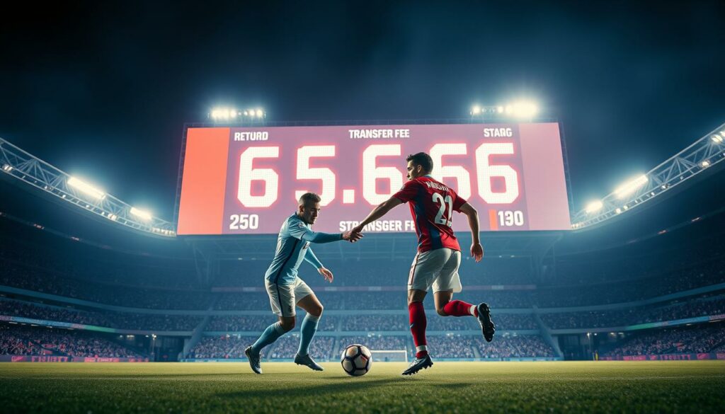 A striking sports stadium in the foreground, its grand architecture and bright lights casting a dramatic atmosphere. In the middle ground, two soccer players in uniform, one passing the ball to the other, their movements frozen in time. In the background, a massive scoreboard displaying a staggering transfer fee, the numbers glowing against the night sky. The scene conveys the high-stakes world of professional soccer, where record-breaking deals can make or break a team's fortunes. The lighting is cinematic, with deep shadows and vibrant highlights, creating a sense of tension and anticipation. The overall composition is balanced and visually compelling, drawing the viewer's eye to the key elements of the image.