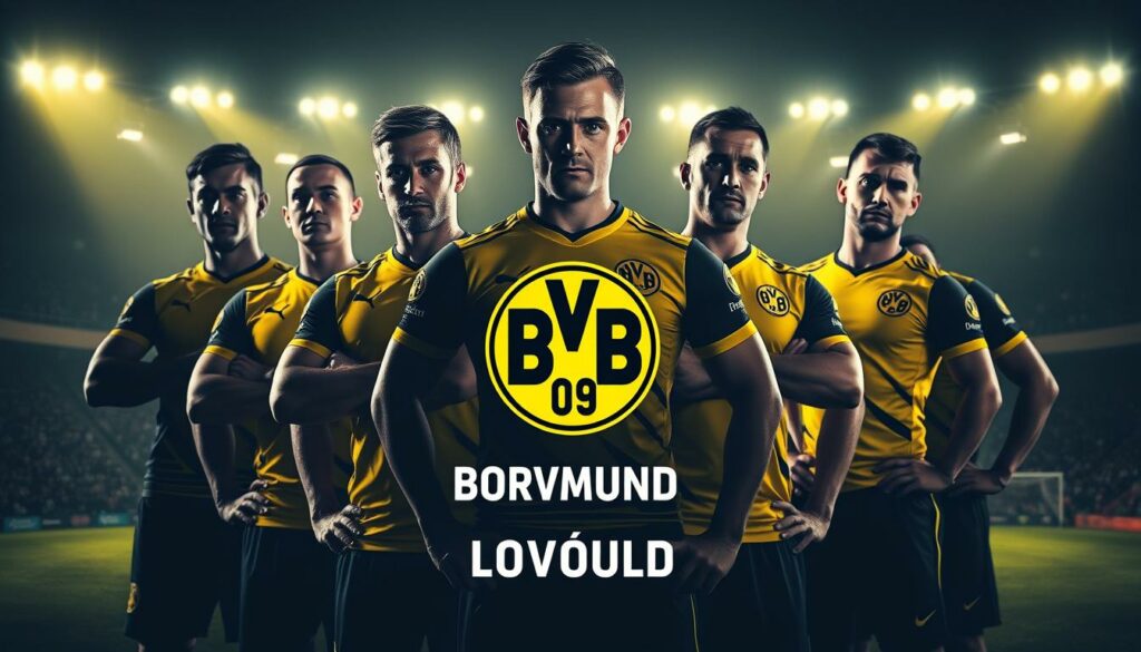 A stunning portrait of Borussia Dortmund's players in the knockout round of a major football tournament. Set against a dimly lit stadium backdrop, the athletes stand in a heroic pose, their expressions intense and determined. Dramatic side lighting casts long shadows, highlighting the muscular physique and steely gaze of each player. The team's iconic black and yellow jerseys stand out in sharp contrast, conveying a sense of power and unity. In the middle ground, the team's crest and name appear in bold, modern typography, reinforcing the club's identity. The overall composition evokes a sense of anticipation and the high-stakes nature of the knockout stage.