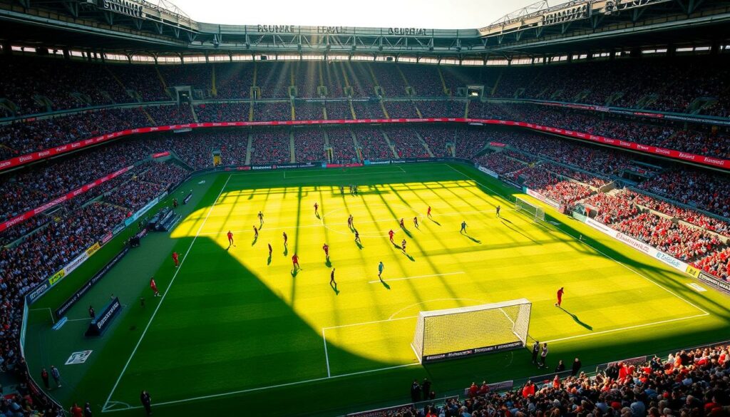 A sun-drenched stadium, the Bundesliga's 34th matchday unfolds. The pitch, a verdant canvas, is alive with the clash of titans, as teams vie for the coveted title and relegation spots. Fans, clad in their team colors, fill the stands, their roars echoing through the air. Aerial shots capture the grand spectacle, revealing the intricate tapestry of the field, the players' movements like a well-choreographed dance. Dramatic lighting casts long shadows, heightening the tension and drama of the final push. The camera follows the ball, its trajectory tracing the narrative of the match, building to a thrilling climax as the teams battle for their final destiny.