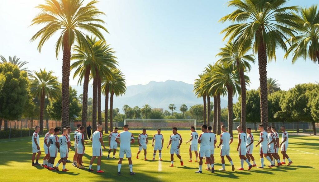 A sun-drenched training camp in Belek, Turkey, where players of Hamburger SV (HSV) engage in intense pre-season preparations. The lush, verdant pitch is flanked by towering palm trees, casting gentle shadows across the scene. In the foreground, the squad gathers, their crisp white uniforms gleaming under the warm Mediterranean light. Coaches bark instructions, players hustling through drills, their determined expressions mirroring the focused atmosphere. In the middle ground, the imposing silhouettes of the Taurus Mountains loom, providing a majestic backdrop to this vital stage of the team's summer training regimen. The image exudes a sense of anticipation and the unwavering commitment to optimal performance as Hamburger SV readies itself for the upcoming challenges of the new season.