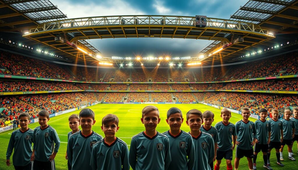 A sweeping panoramic view of the Bundesliga stadium, its iconic architecture and lush green pitch stretching out before a vibrant, energetic crowd. The stadium's dynamic lighting casts a warm, golden glow, creating an atmosphere of anticipation and excitement. In the foreground, a group of talented young soccer players, their faces reflecting a determined focus, stand ready to take the field and showcase their skills. The background features the city skyline, hinting at the larger ambitions and aspirations that lie beyond the confines of the stadium. This image captures the essence of the Bundesliga and the boundless potential of the future.