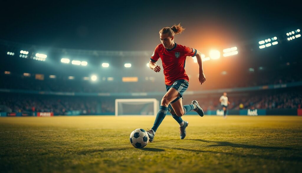 A talented soccer player named Røssing-Lelesiit, dribbling the ball with skill and speed on a well-lit field. The foreground captures their dynamic movement, showcasing their agility and ball control. The middle ground highlights their technical precision, as they navigate through defenders with ease. In the background, a blurred stadium setting suggests the high-intensity atmosphere of a professional match. The lighting is warm and dramatic, casting shadows that accentuate the player's powerful strides. The overall composition conveys a sense of athleticism, potential, and the thrill of the game.