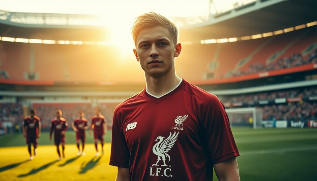 A talented young footballer, Florian Wirtz, stands confidently on the pitch, wearing the iconic Liverpool FC jersey. The sun's golden rays cast a warm glow, highlighting his determined expression and the team's prestigious crest. In the middle ground, his teammates move with fluid precision, their nimble movements and crisp passing showcasing the squad's cohesion. The grand Anfield stadium looms in the background, its iconic architecture and packed stands hinting at the electric atmosphere that will greet Wirtz's arrival. The scene conveys a sense of opportunity, where this rising star's skills and ambition will be elevated to new heights within the Premier League's elite.