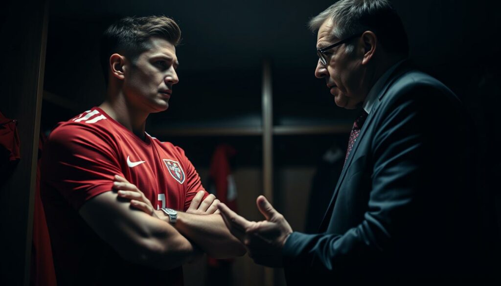 A tense standoff between Robert Lewandowski, the renowned Polish footballer, and the national team manager, portrayed in a dramatic chiaroscuro lighting. Lewandowski stands resolute, arms crossed, brow furrowed, as the manager leans in, gesturing emphatically. The scene is set in a dimly lit locker room, shadows cast across their faces, heightening the intensity of the moment. The low-angle shot emphasizes the power dynamics, with the players' expressions reflecting the weight of the conflict. The muted color palette and cinematic framing evoke a sense of high-stakes drama, capturing the essence of the Lewandowski-Probierz clash.