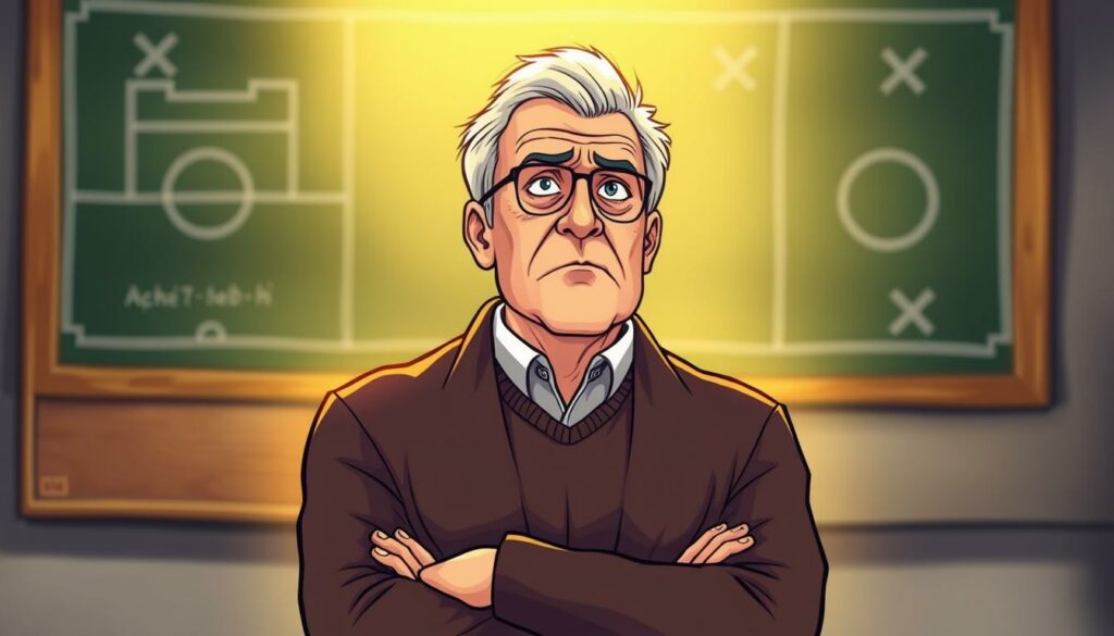 A thoughtful, philosophical football manager standing in a contemplative pose, with a chalkboard behind him displaying tactical diagrams and Xs and Os. The manager's expression is one of deep concentration, as he ponders the intricacies of his "Spielphilosophie" - the playing philosophy that guides his team's approach to the game. The scene is bathed in a warm, golden light, evoking a sense of wisdom and experience. The background is blurred, keeping the focus on the manager and his tactical musings. The overall mood is one of strategic deliberation and a commitment to a distinct, well-considered playing style.