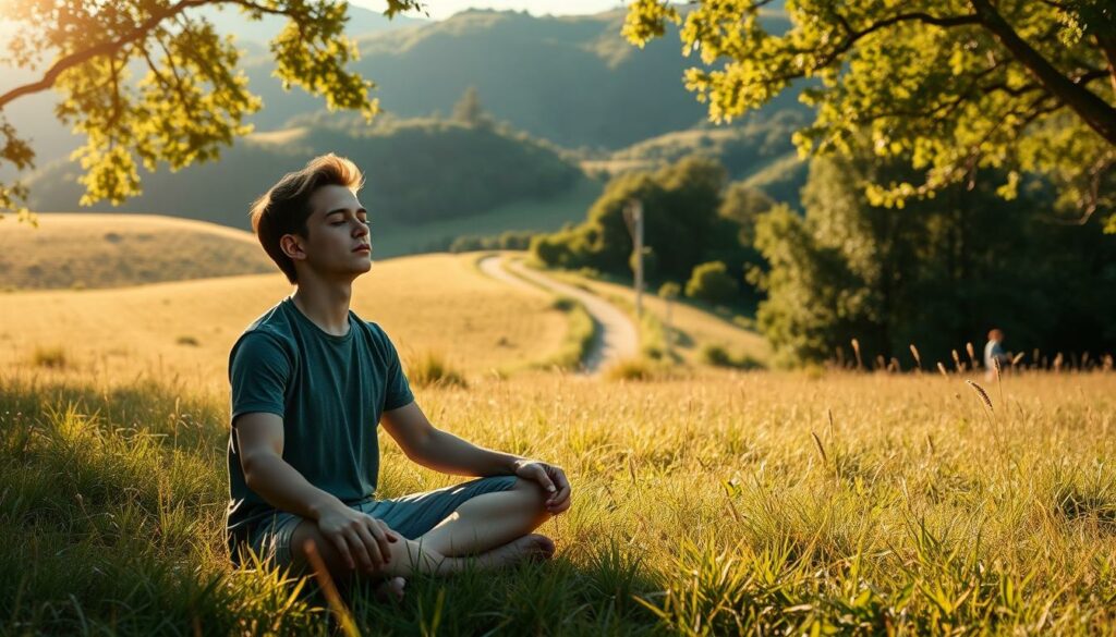 A tranquil, sun-dappled meadow stretches out, with rolling hills in the distance. In the foreground, a young man sits cross-legged, eyes closed, his face serene as he meditates. Soft sunlight filters through the trees, casting a warm glow over the scene. In the middle ground, a path winds through the verdant landscape, hinting at the journey ahead. The background is a tapestry of lush, vibrant foliage, suggesting the potential for growth and renewal. The overall mood is one of calm introspection, a moment of respite and contemplation before the next chapter unfolds.