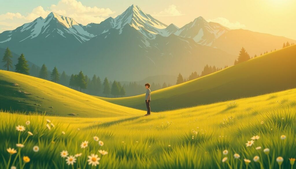A tranquil, sun-dappled meadow with lush grassy knolls and scattered wildflowers, creating a serene and hopeful atmosphere. In the center, a lone figure stands gazing intently into the distance, face illuminated by warm, golden light. The background features a picturesque mountain range, its peaks capped with snow, conveying a sense of possibility and new beginnings. The scene is captured through a medium-wide lens, allowing the viewer to feel immersed in the moment, while the soft, natural lighting and muted color palette evoke a sense of introspection and contemplation.