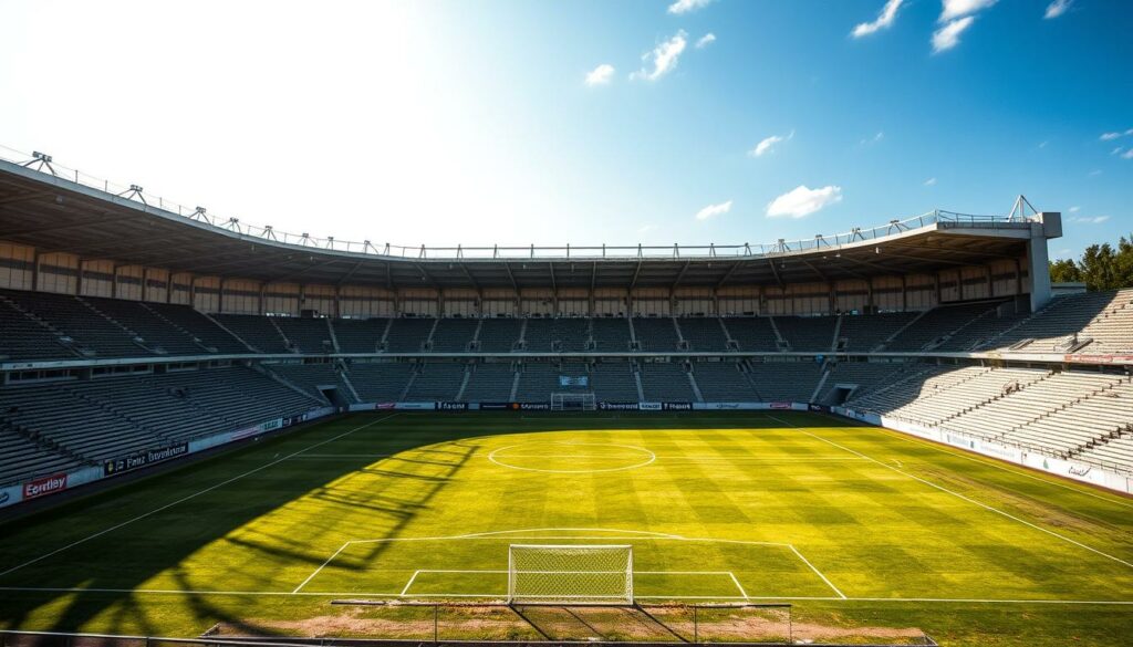 A vast, aging football stadium stands tall, its worn concrete facade weathered by time. The FK Pirmasens Stadion, a relic of a bygone era, sits nestled in the heart of a sleepy German town, its grandstand casting long shadows across the pitch. The stadium's once-vibrant atmosphere now lingers like a faint echo, a testament to the resilience of the underdog team that calls this place home. Sunlight filters through the gaps in the aging roof, casting a warm, almost nostalgic glow over the weathered seats and worn turf. This is a place where dreams are born, where the impossible becomes reality - a true "Traumlos" for any team lucky enough to play here.