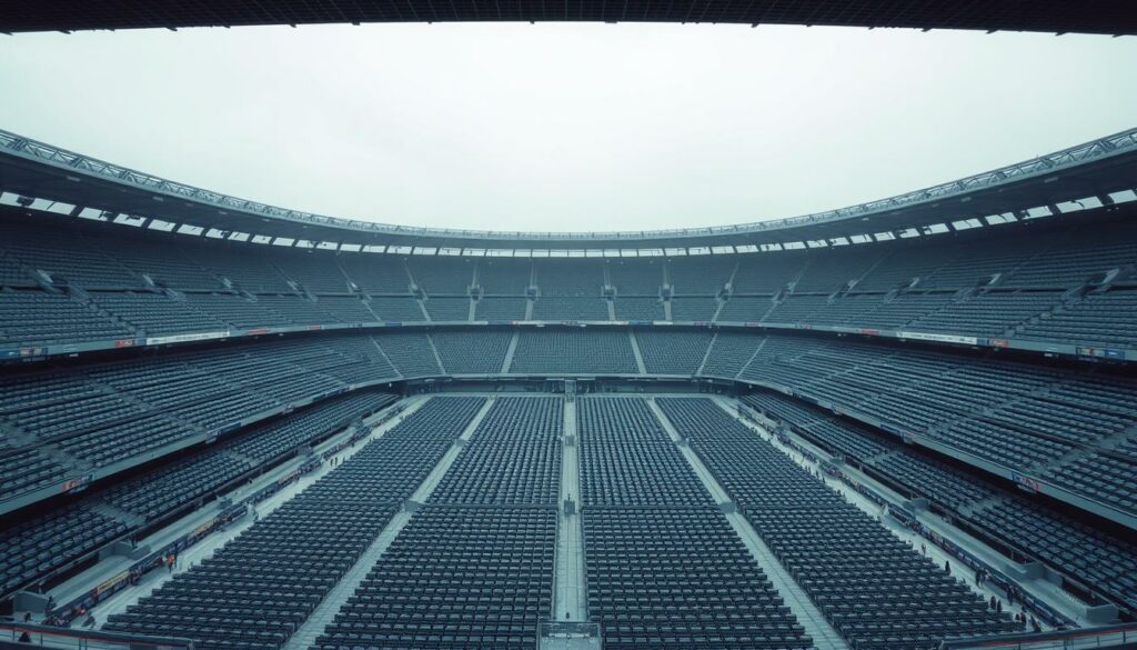 A vast, cavernous stadium with rows of vacant seats stretching as far as the eye can see. The stands are eerily empty, devoid of the electric atmosphere one would expect during a highly anticipated World Cup match. Muted hues of gray and blue create a somber, melancholic mood, conveying a sense of disappointment and a lack of excitement. Harsh, directional lighting casts long shadows, further emphasizing the desolation of the scene. The camera angle is positioned high, offering an expansive, panoramic view that captures the scale and magnitude of the empty stadium, amplifying the feeling of a missed opportunity and a distinct lack of the celebratory spirit that should pervade a major international football event.